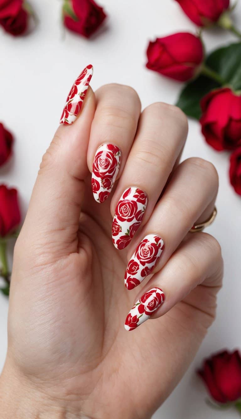 A vintage rose pattern adorns 50 red and white nail art designs, creating a festive and elegant display
