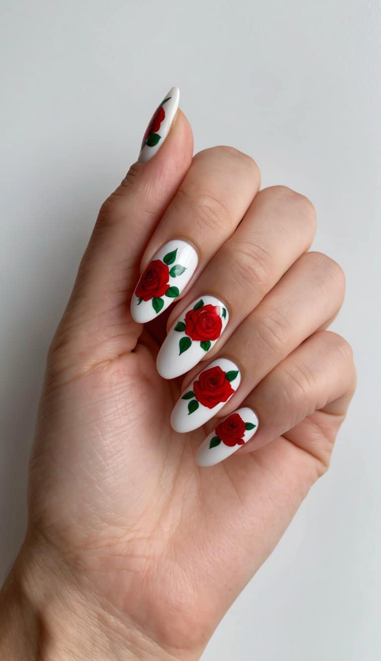 A white base adorned with vibrant red roses