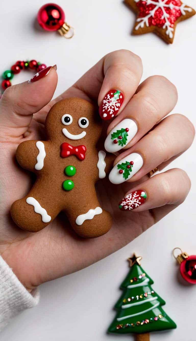 A gingerbread man surrounded by festive Christmas nail art designs