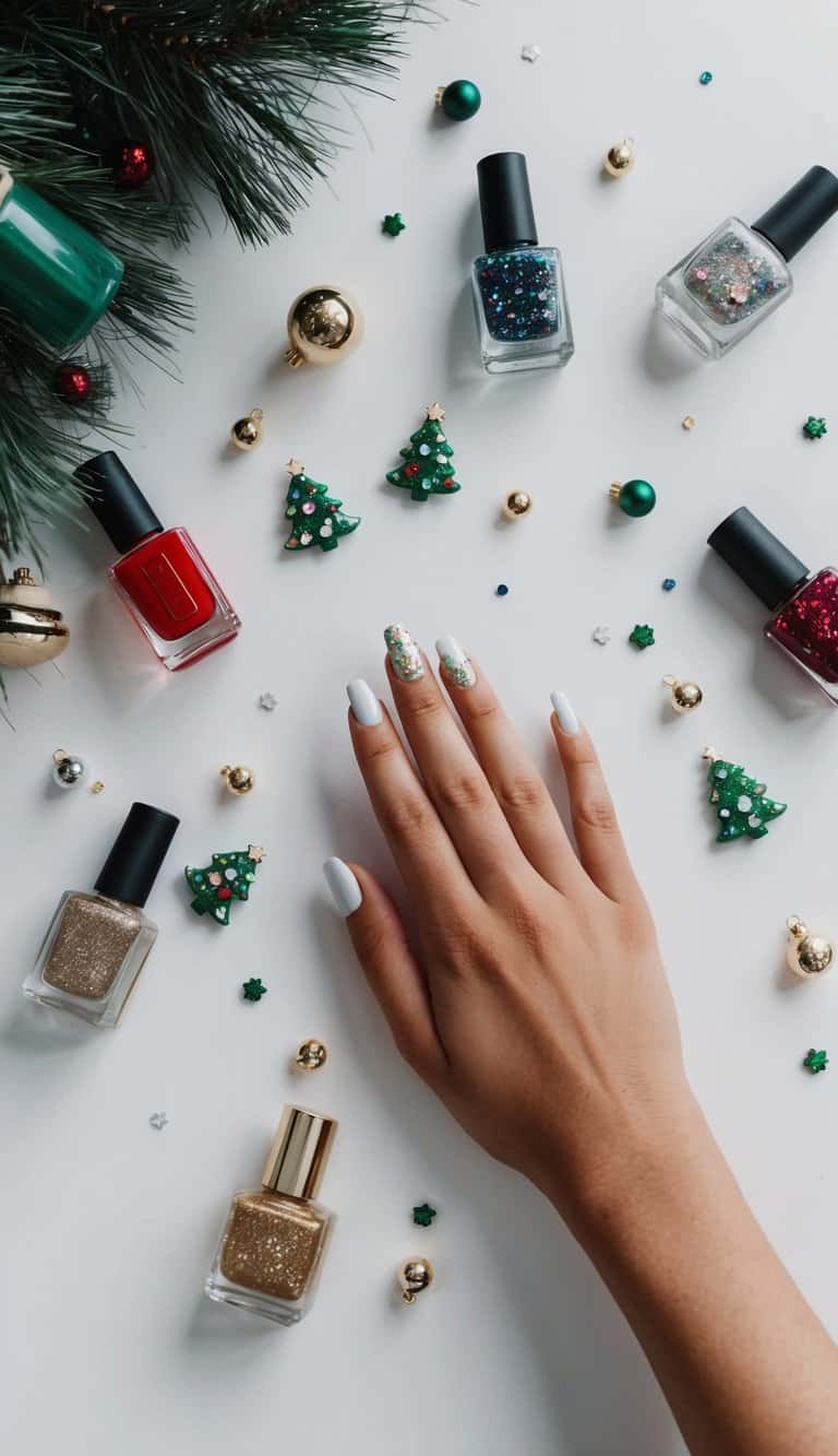 A table with various nail polish bottles, glitter, and tiny Christmas-themed decorations scattered around