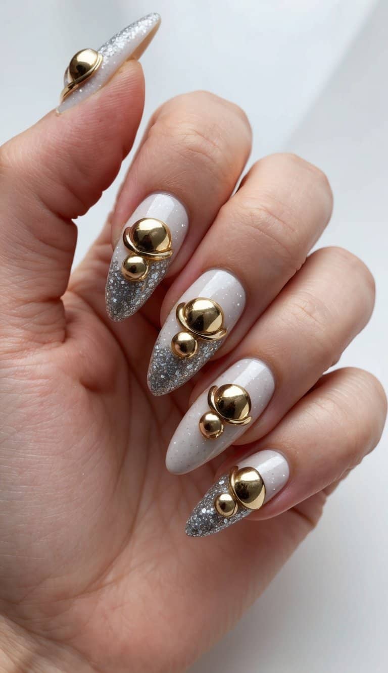 A festive Christmas nail art design with silver bells and glittery accents