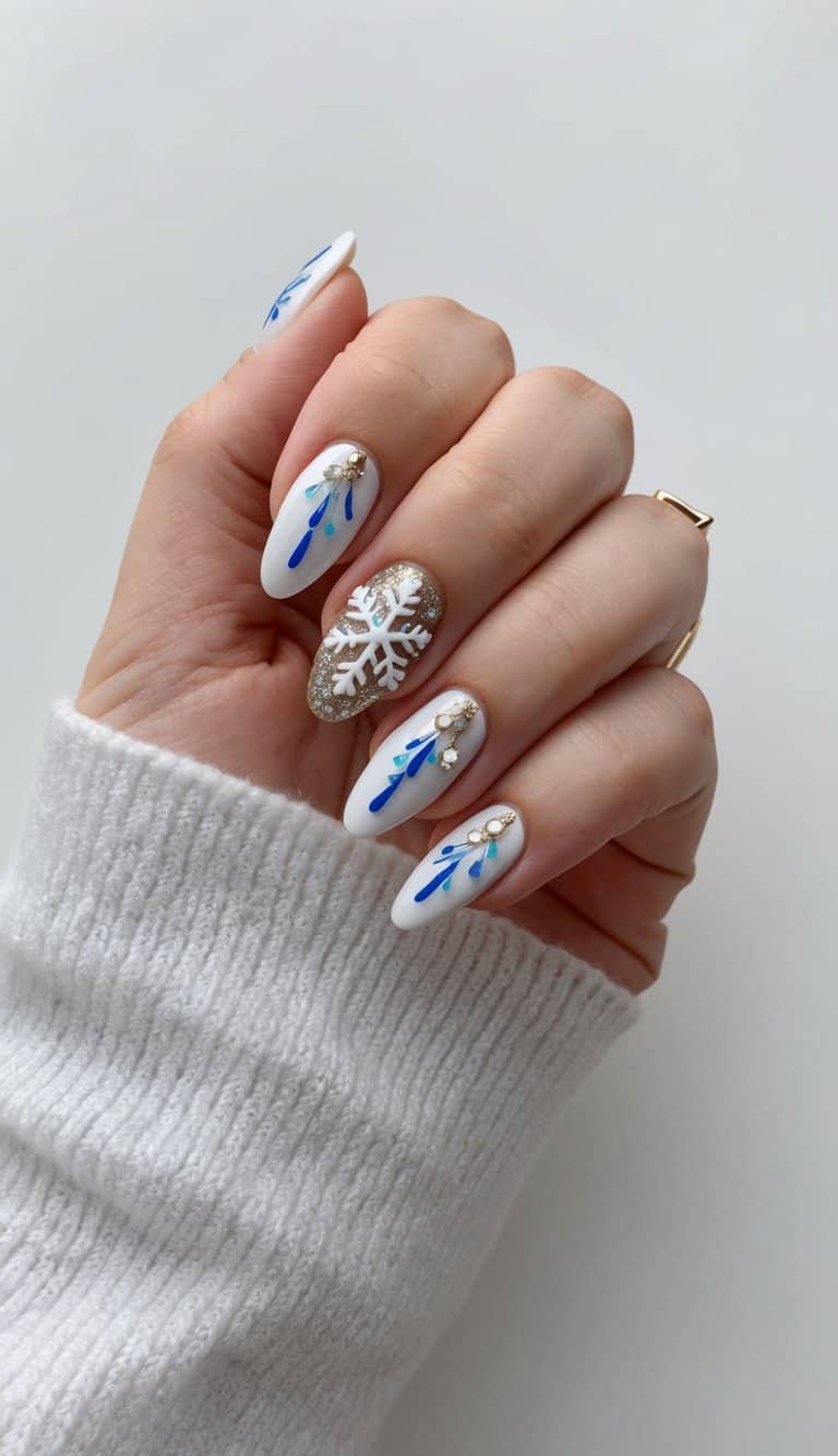 A festive Christmas nail art design with icicle motifs and snowflakes