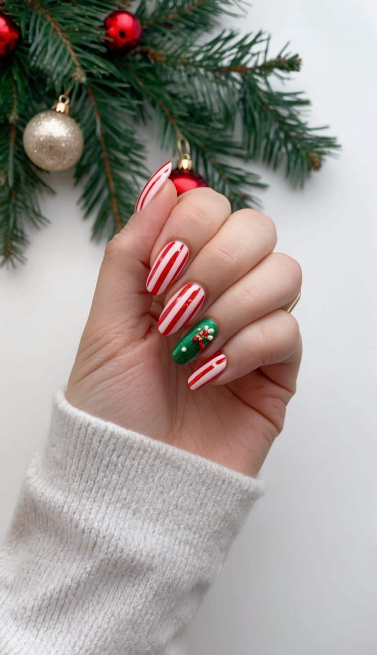 A festive nail salon scene with candy cane French tip nail designs and Christmas decorations