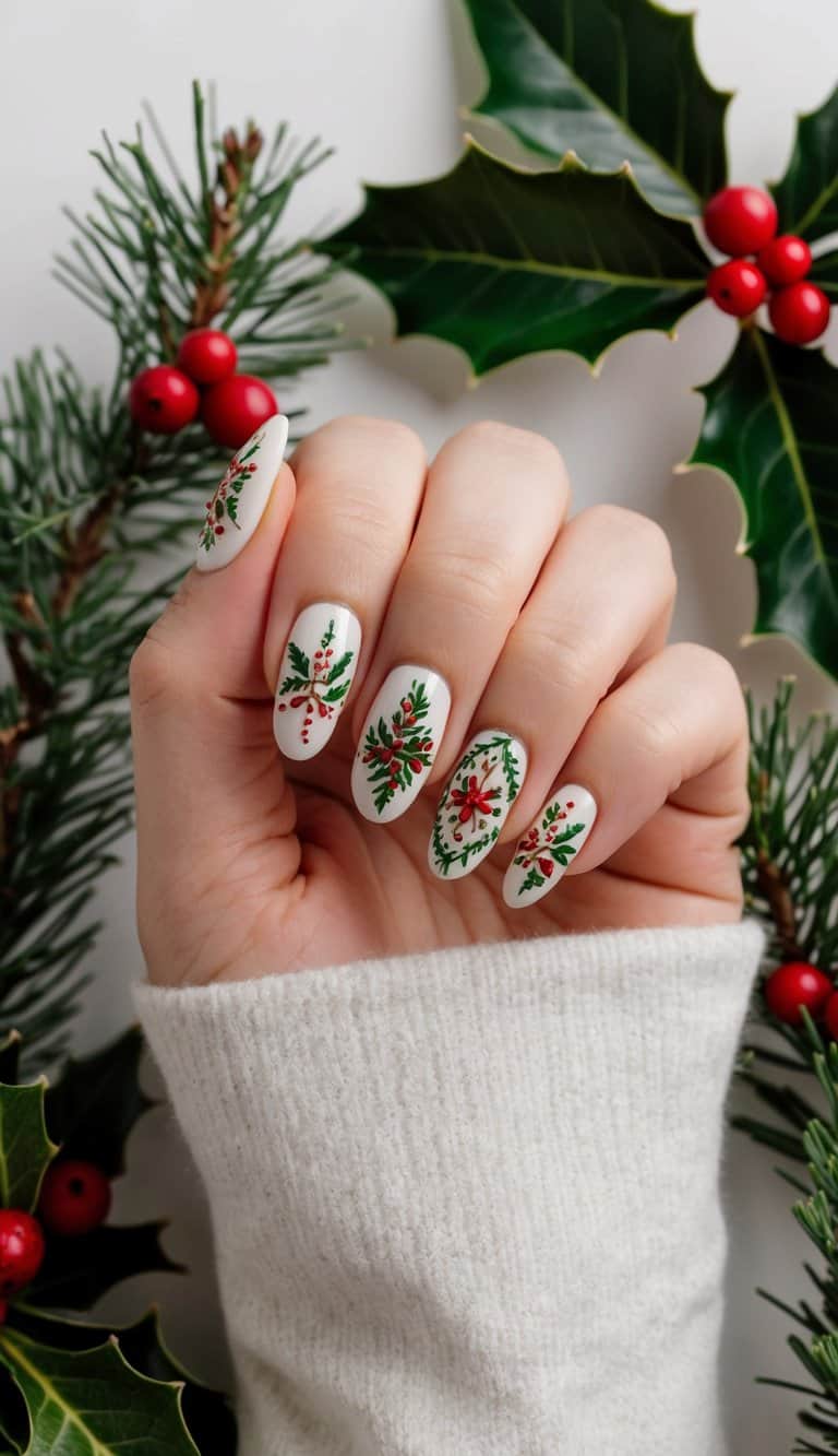 A festive scene with mistletoe, holly, and other Christmas decorations surrounding a set of beautifully manicured nails with intricate holiday-themed designs