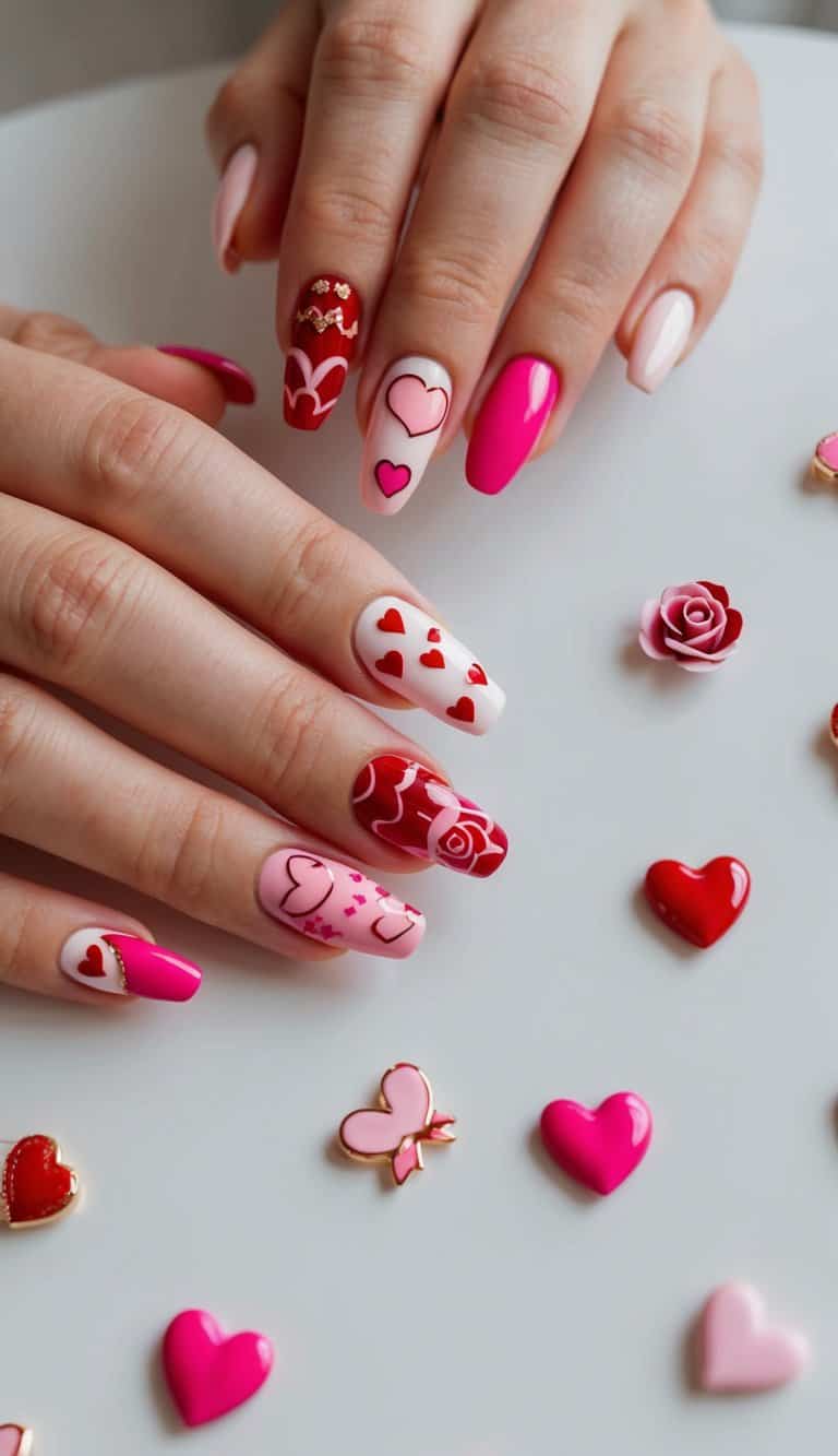A table with various nail art designs featuring hearts, roses, and Cupid's bows in pink, red, and white colors