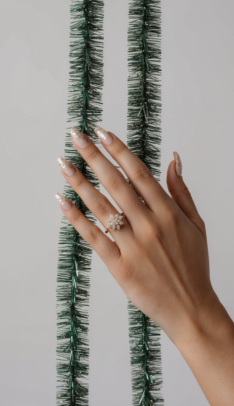 Soft nude nails are elevated with sparkling gold glitter tips, creating a refined and festive look