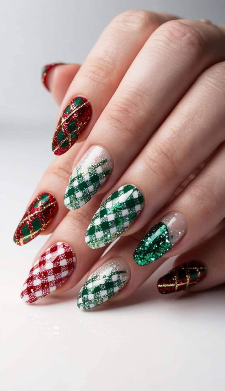 A festive holiday plaid nail design with red, green, and white stripes, adorned with glittery accents and intricate patterns