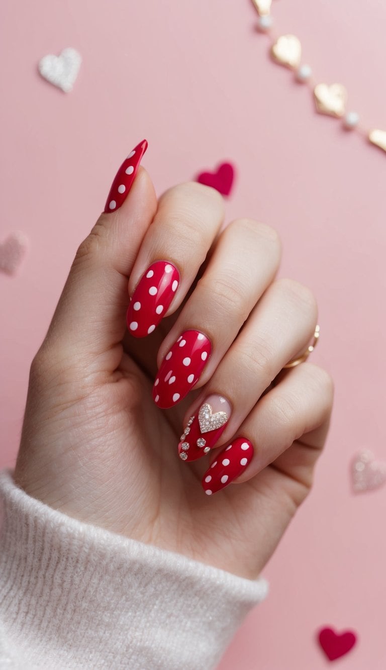 A close-up of red polka dot nails against a soft pink background, with delicate heart accents and glittery details