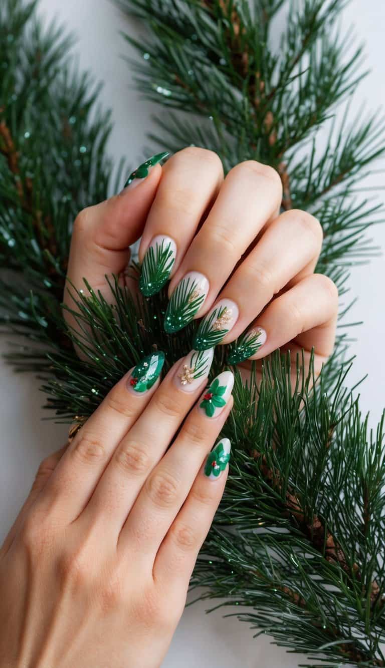 Glistening pine needles surround festive Christmas nails with sparkly pine designs
