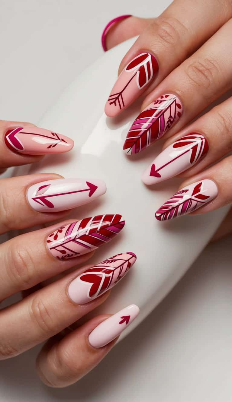 A close-up of nails with intricate heart and arrow designs in various shades of red and pink on a white or neutral background