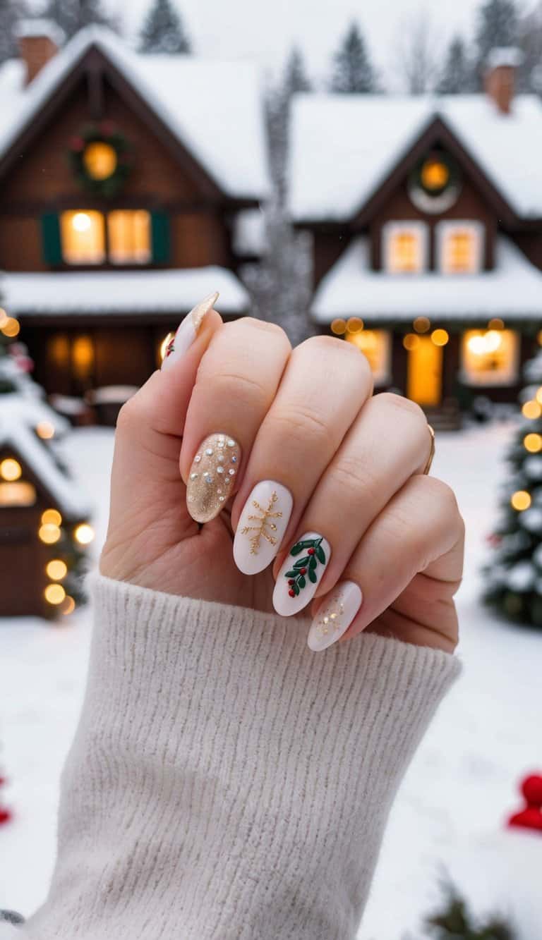 Elegant white nails feature gold snowflakes, sparkling glitter, and holly accents, paired with a shimmering gold statement nail