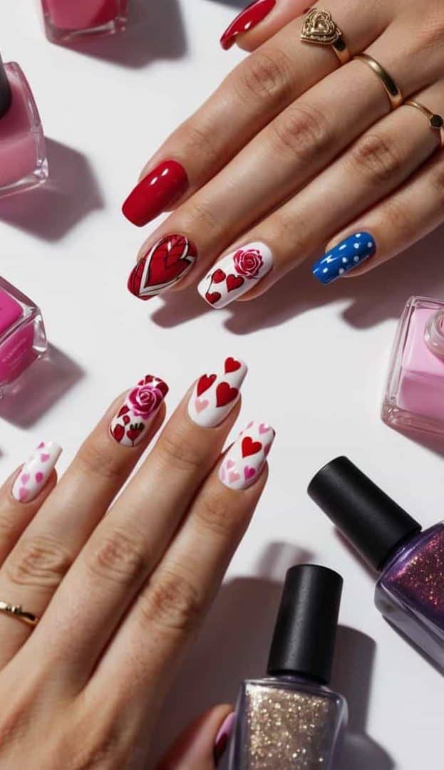 A table with various nail art designs, including hearts, roses, and love-themed patterns, surrounded by colorful bottles of nail polish