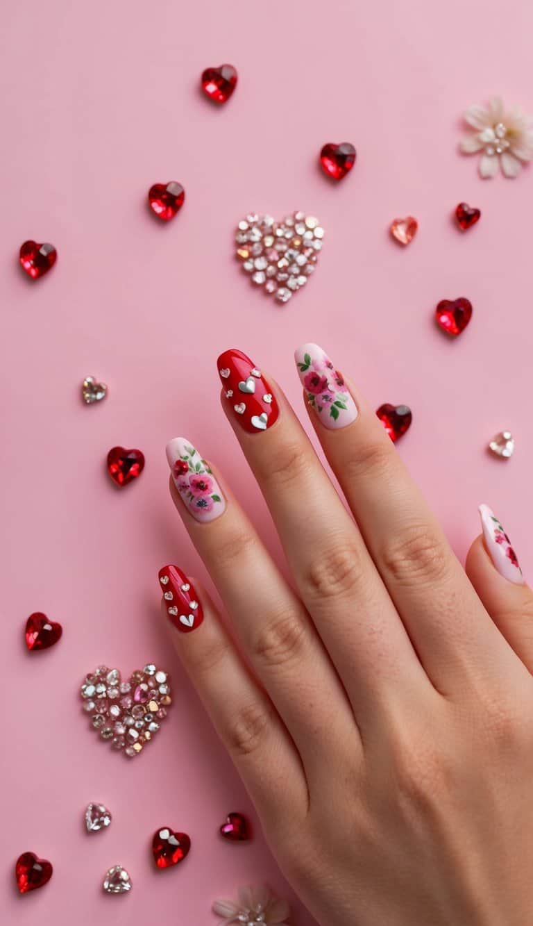 Heart-shaped rhinestones scattered on a pink background, surrounded by delicate floral and heart-themed nail art designs