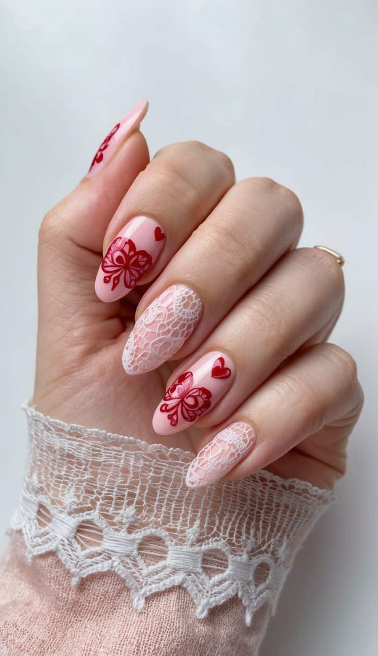A close-up of delicate, lace-inspired nail art in soft pink and red hues, with intricate heart and floral patterns