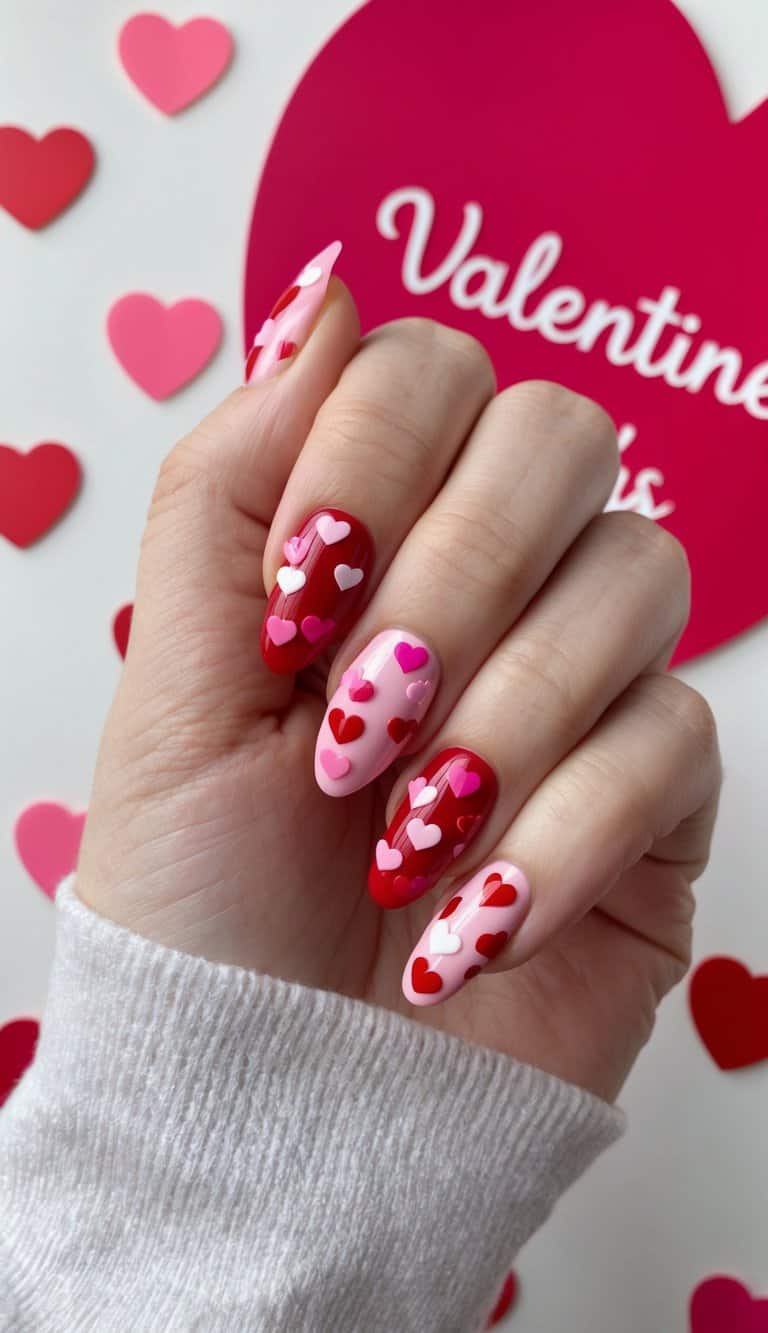 A close-up of nails adorned with heart-shaped confetti in various shades of red and pink, set against a festive Valentine's Day backdrop