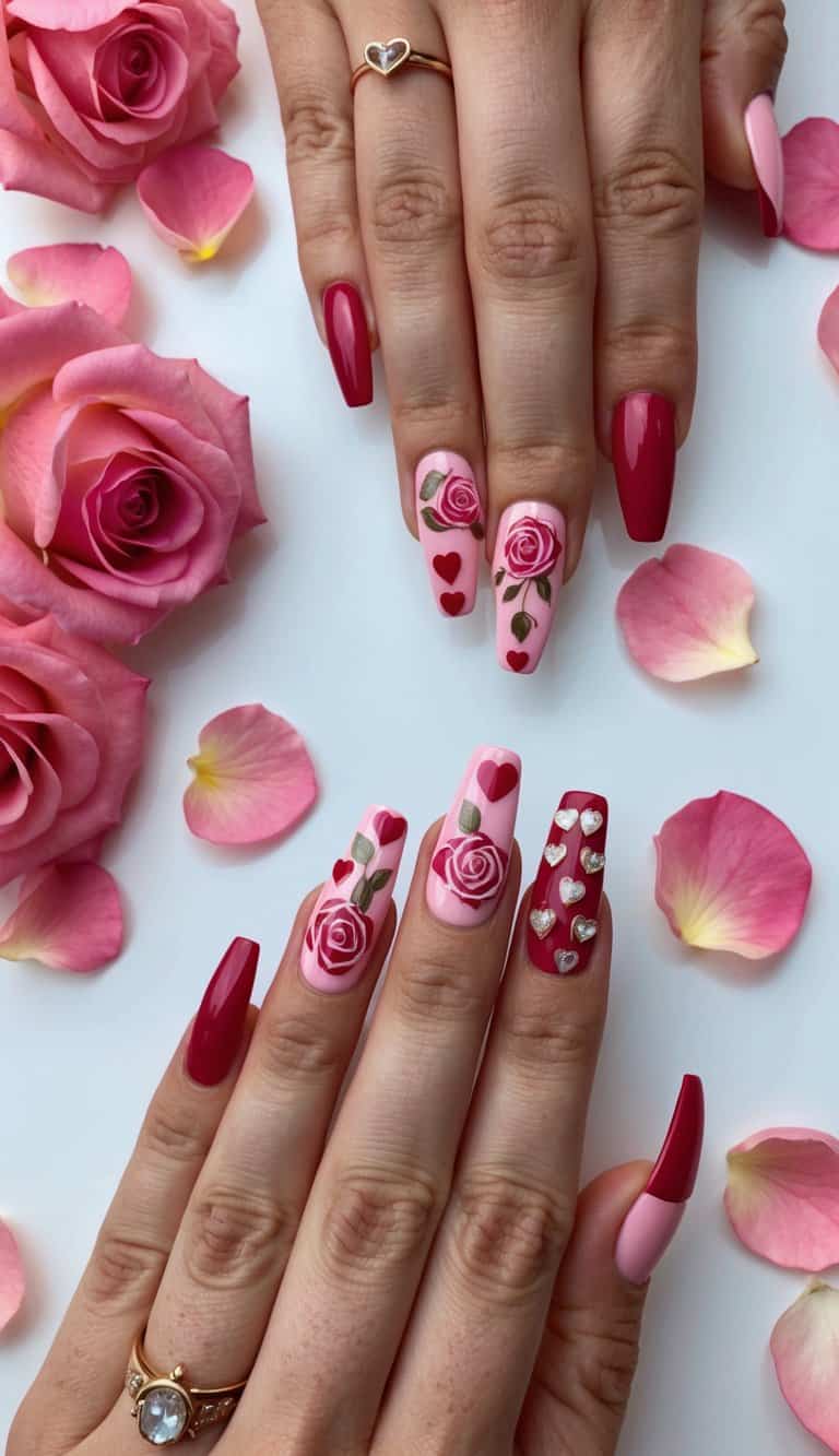 A table with various nail art designs featuring roses and hearts in shades of pink and red, surrounded by scattered rose petals