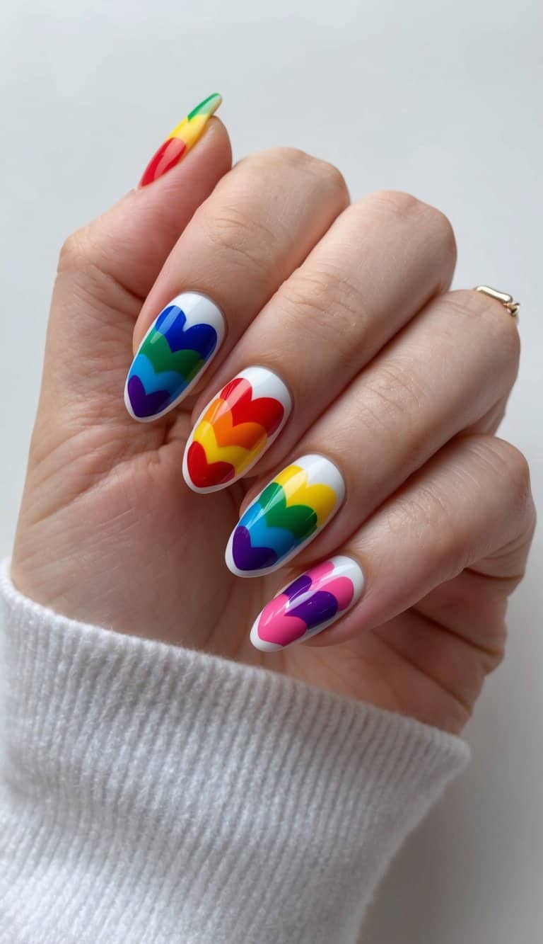 A cluster of rainbow hearts arranged in a romantic Valentine's Day nail art design