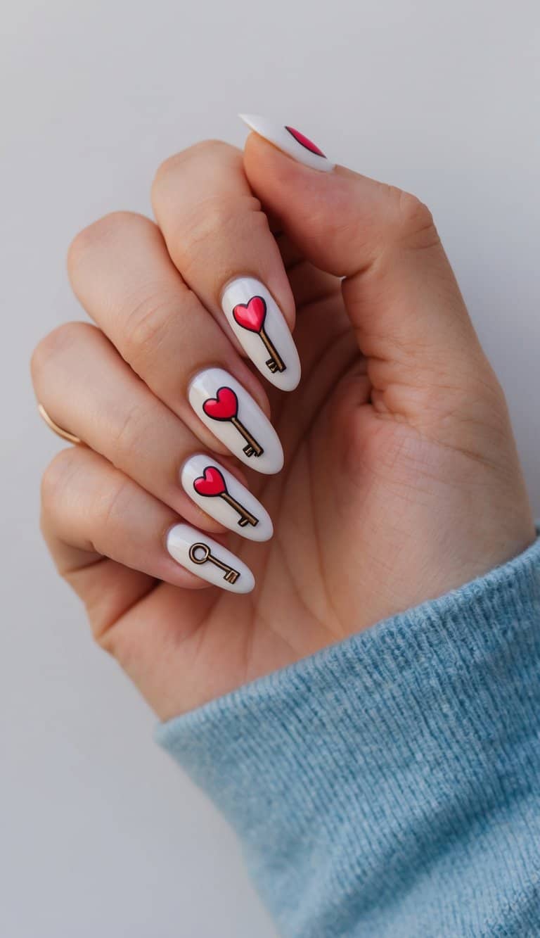 A heart and key design nail art with romantic Valentine's Day theme