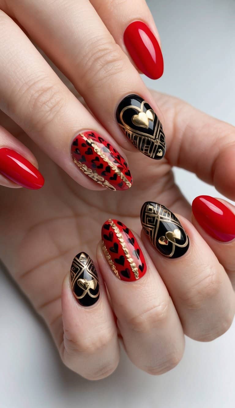 A regal Queen of Hearts-themed nail art design with red, black, and gold accents, featuring heart motifs and intricate patterns