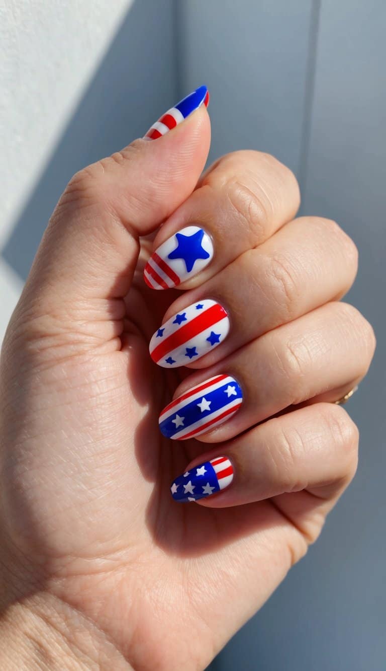 A festive Fourth of July nail art design featuring red, white, and blue colors, stars, and stripes on a clean, manicured nail