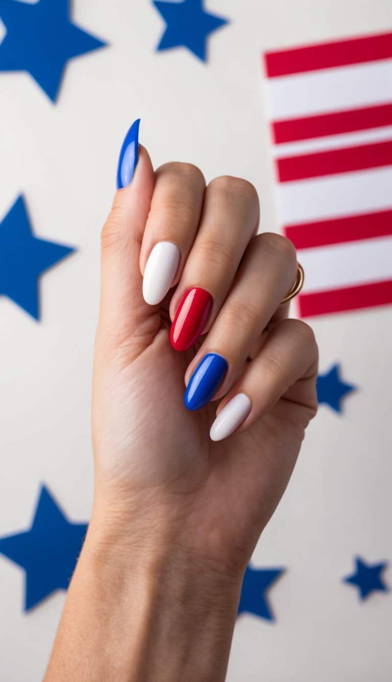 A hand with red, white, and blue gradient nails against a festive Fourth of July background