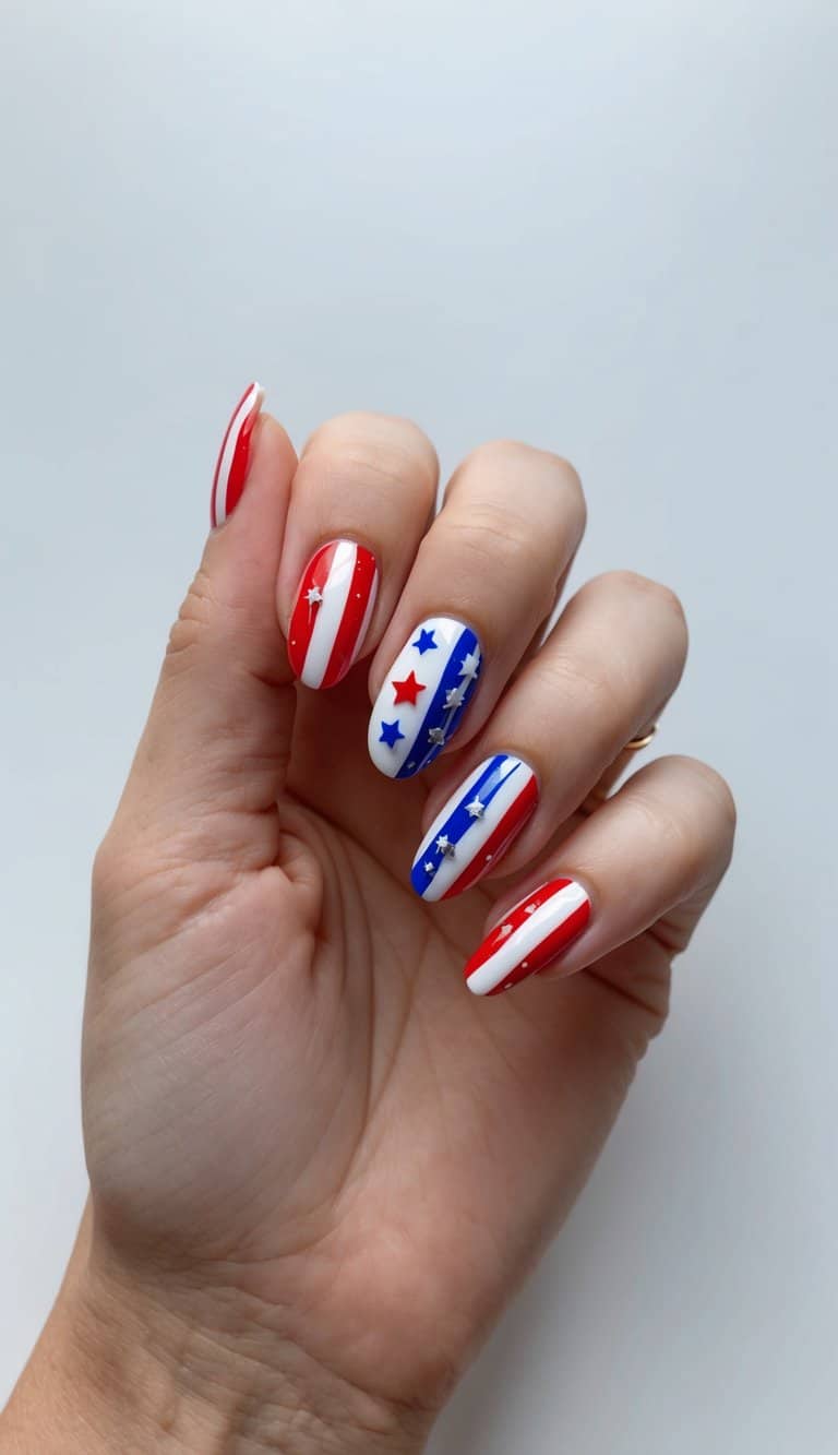 A festive nail art design featuring red, white, and blue stripes with stars and sparkles