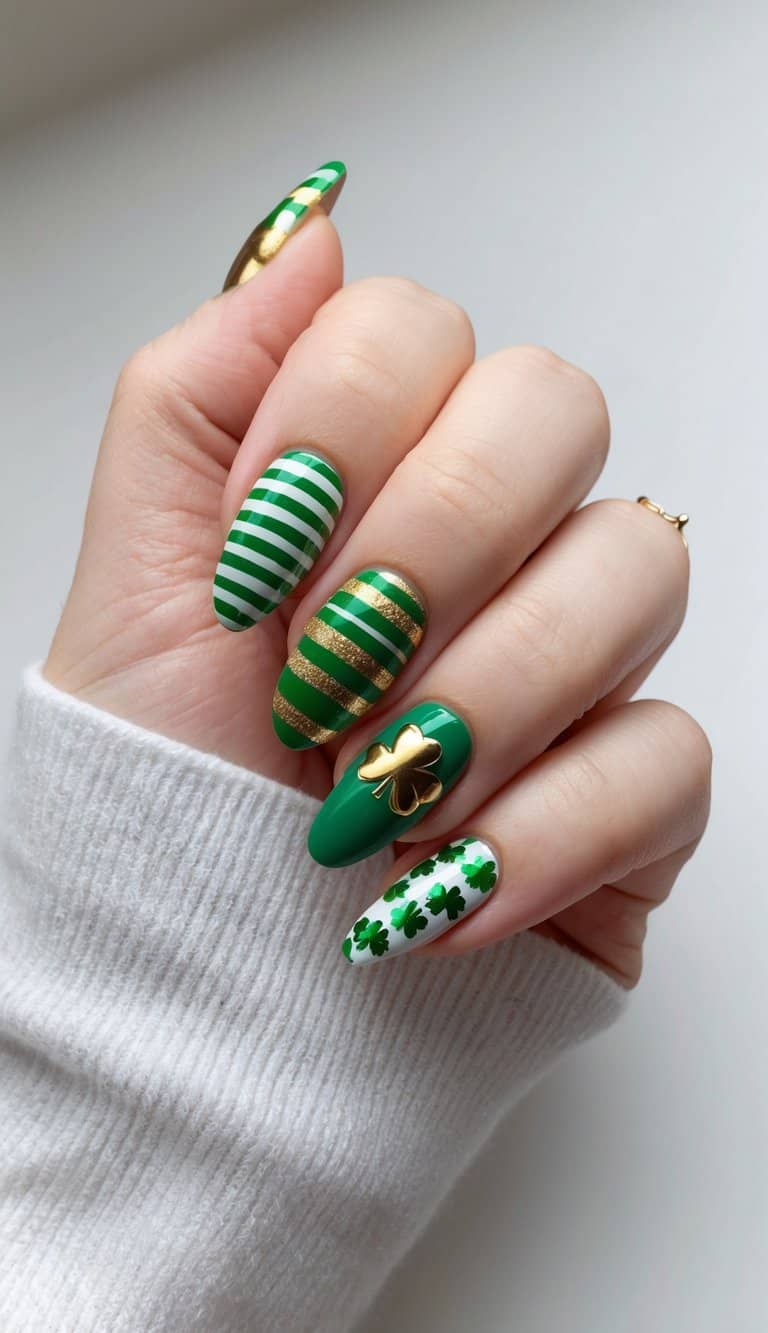 A vibrant green and gold striped shamrock nail art design with 50 unique St. Patrick's Day themed patterns