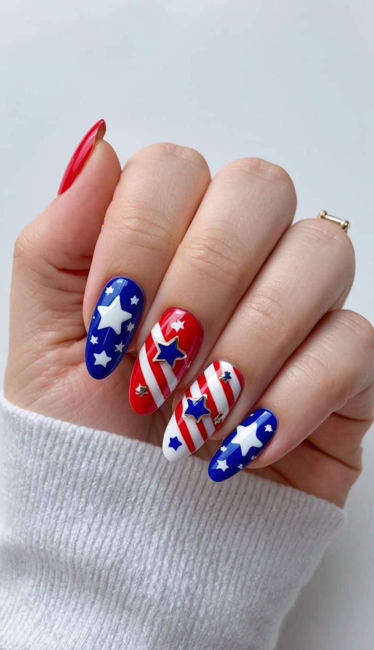 A festive Fourth of July nail art display featuring red, white, and blue designs with stars, stripes, and patriotic symbols