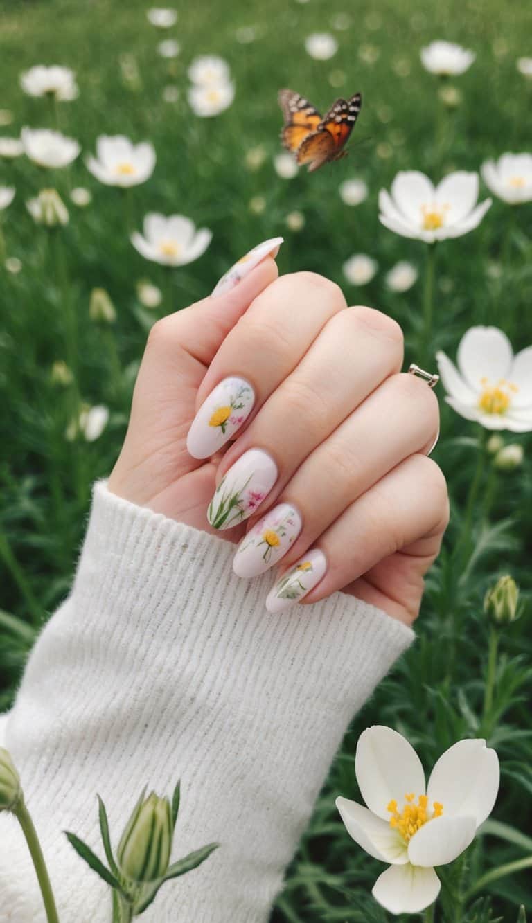 A serene spring meadow with blooming flowers and delicate butterflies fluttering around