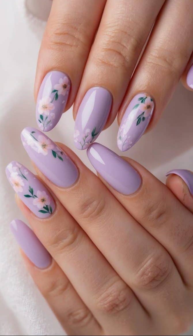 A delicate lavender nail design with floral accents on a soft, pastel background