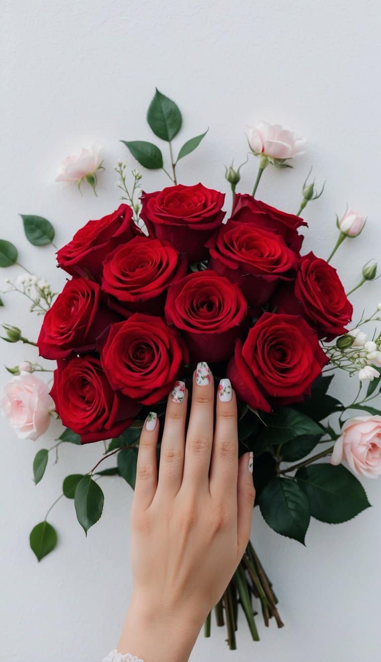 A bouquet of classic red roses surrounded by delicate floral nail art designs