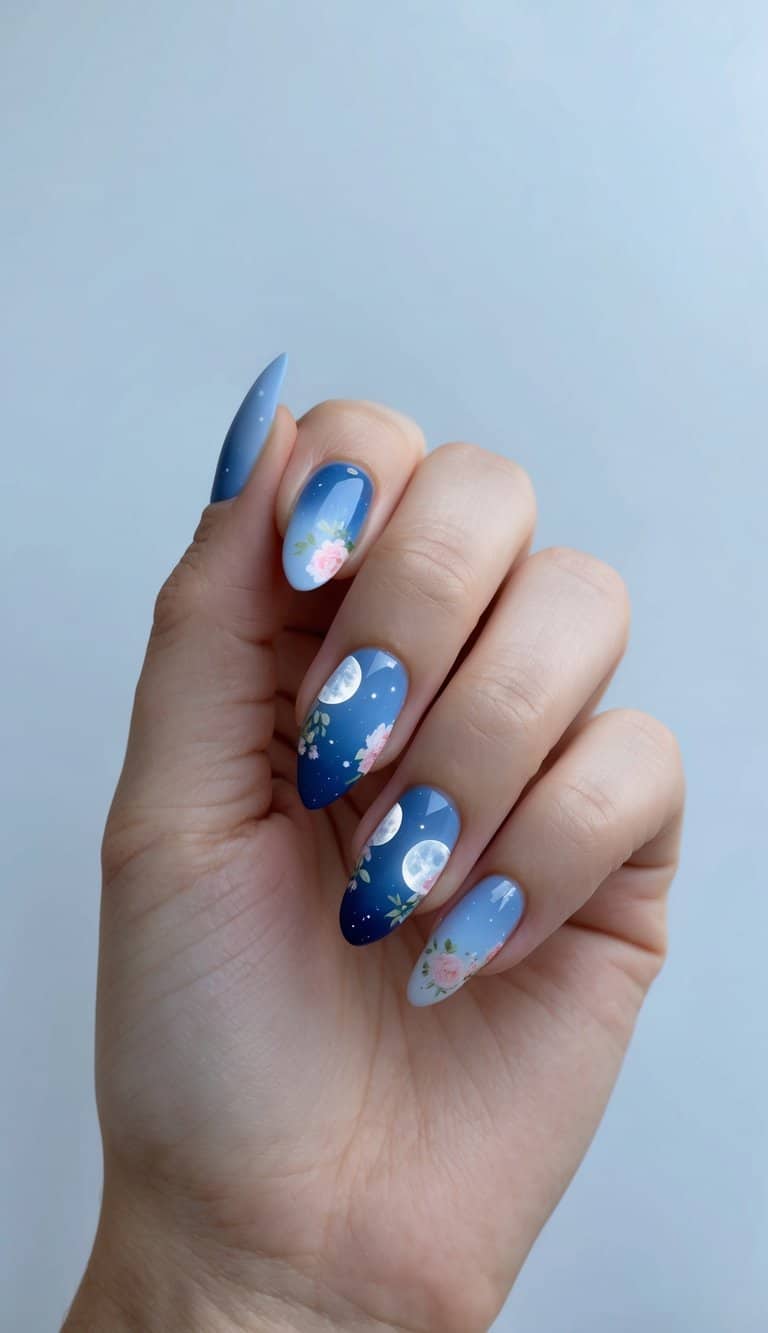 A serene night sky with delicate moon phases and floral accents, evoking soft elegance for Mother's Day nail art