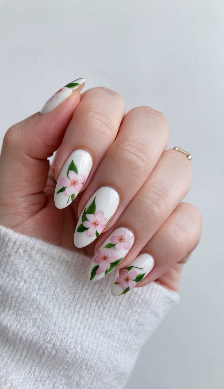 A close-up of cherry blossom nail art on a white background, with delicate pink petals and green leaves