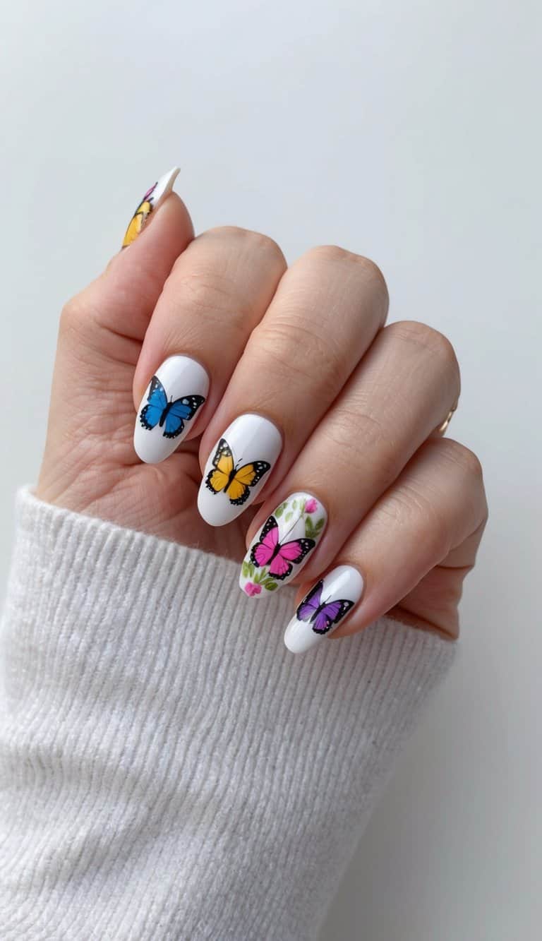 A colorful array of butterfly accents adorning spring-themed nail designs