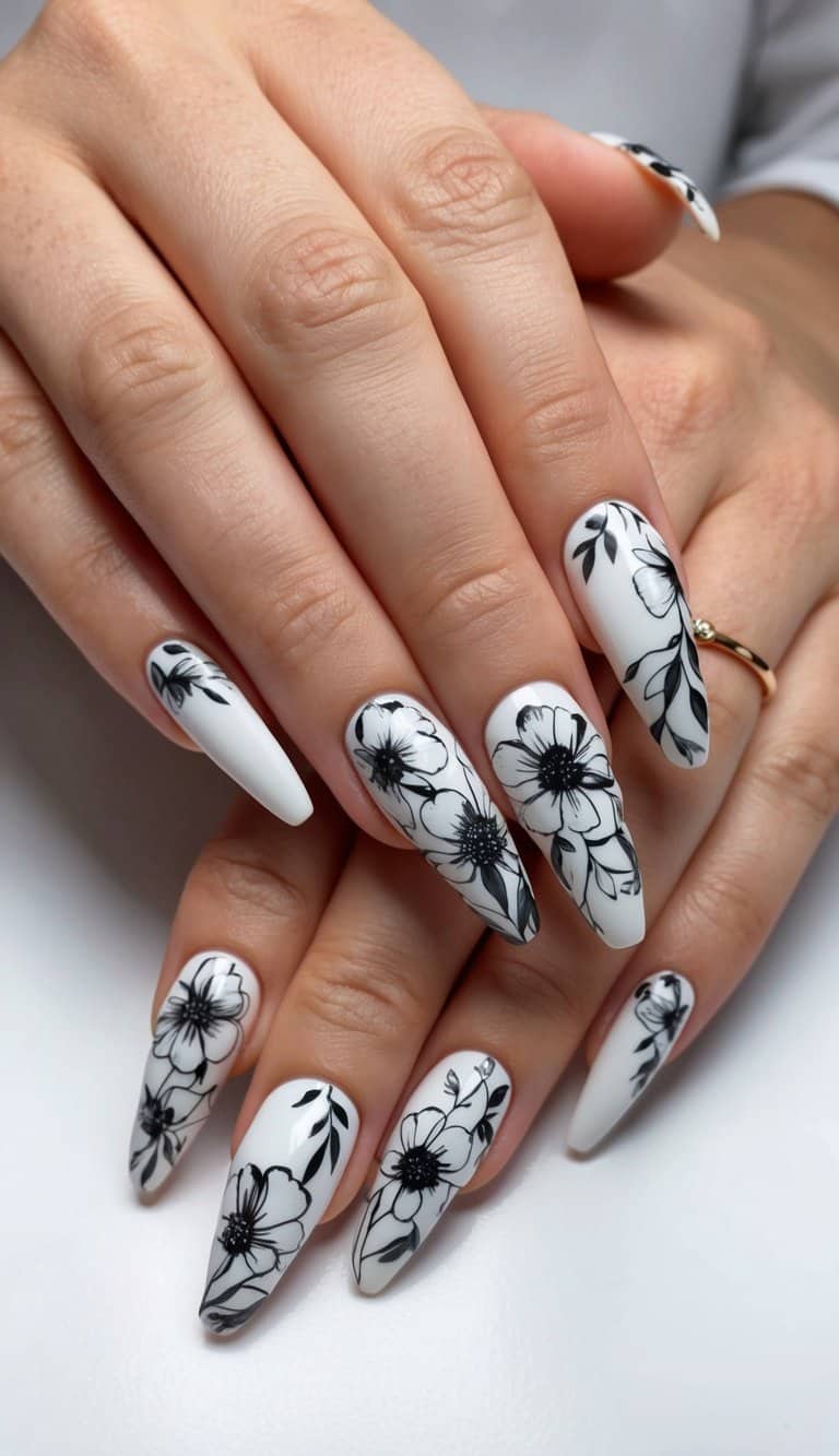 A delicate bouquet of black and white florals adorning a set of elegant nails for Mother's Day