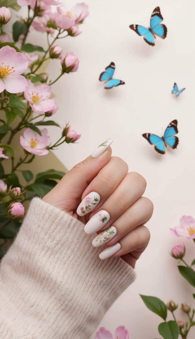 A serene garden with blooming flowers and delicate butterflies fluttering around, set against a pastel background