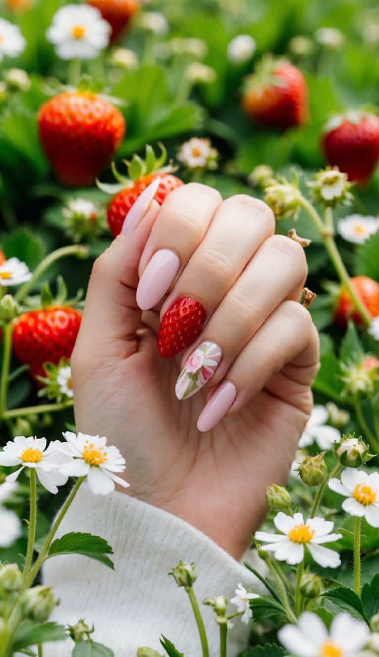 A field of vibrant strawberries in bloom, surrounded by fresh spring flowers