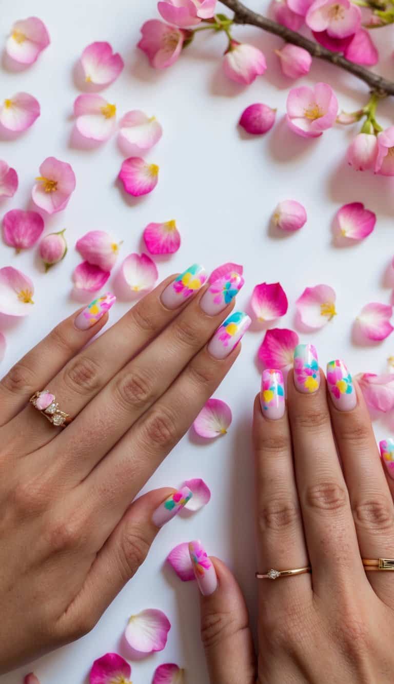 A close-up of colorful sakura petals scattered on a white background, with vibrant spring nail art designs in the background
