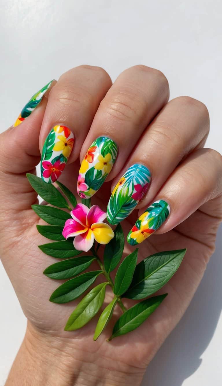 A colorful array of tropical flowers and leaves arranged in a vibrant and playful summer nail art design