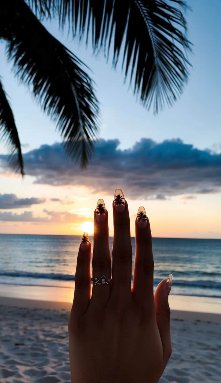 Clear nails are accented with intricate black palm tree silhouettes, capturing the relaxed, tropical vibes of summer evenings