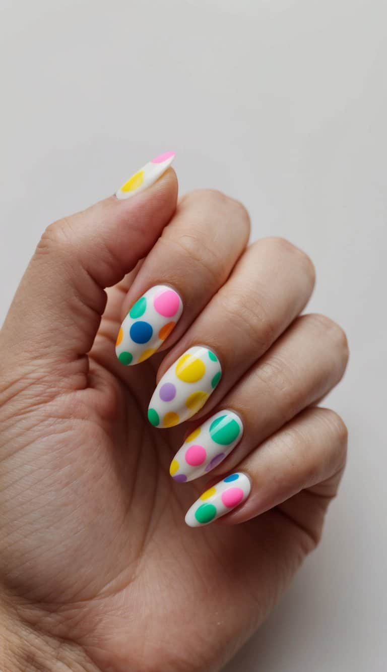 A colorful array of polka dots in various sizes and vibrant summer hues on a clean, manicured surface