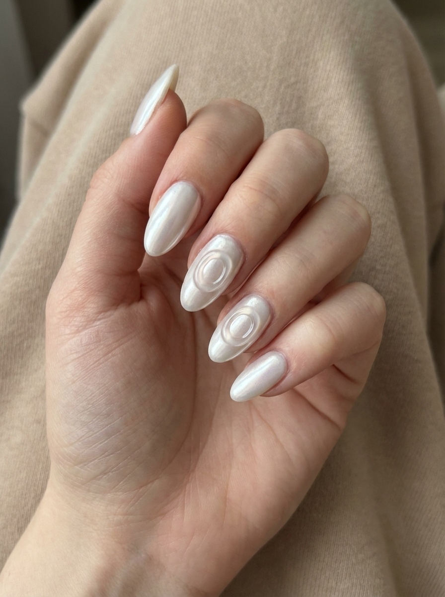 Close-up of relaxed fingers showcasing a white chrome nail art idea with glossy pearl-white nails and subtle raised oval designs on the middle fingers.