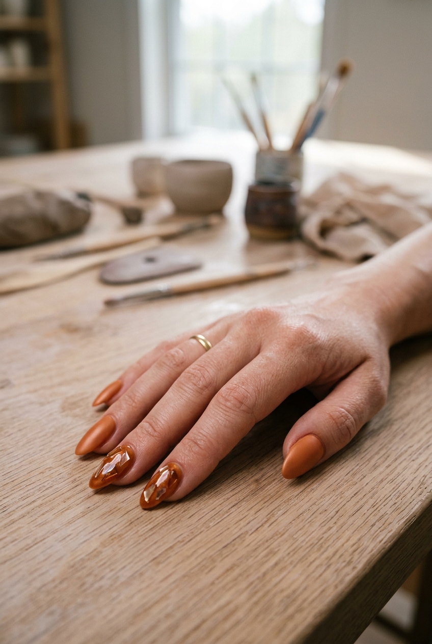 Hand resting on a wooden worktable with pottery tools in the background, featuring an orange almond nail art idea with caramel-toned almond nails and glossy marbled accent designs