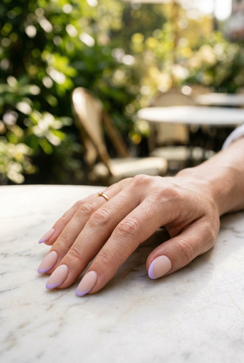 Fingers placed on a light stone table in a garden setting showing a matte purple nail art idea with nude base nails and thin lilac French tip accents