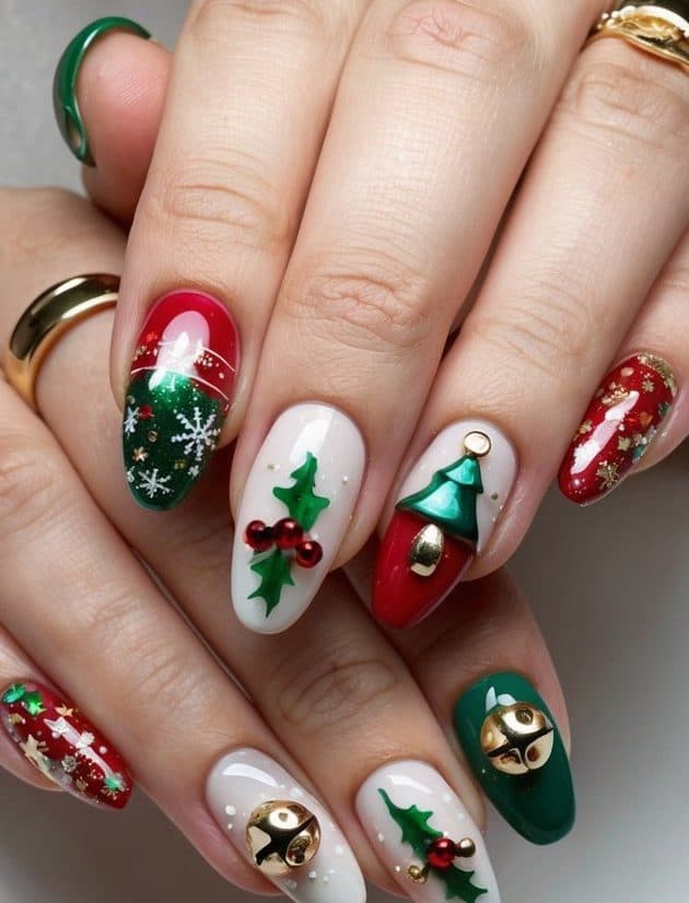 Bold red, green, and white nails are adorned with 3D Christmas designs