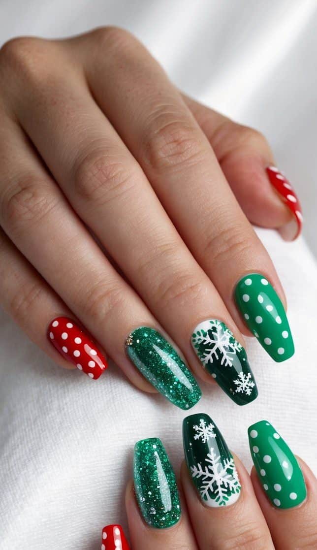 Sprinkle some festive cheer on red and green nails with adorable holiday polka dots