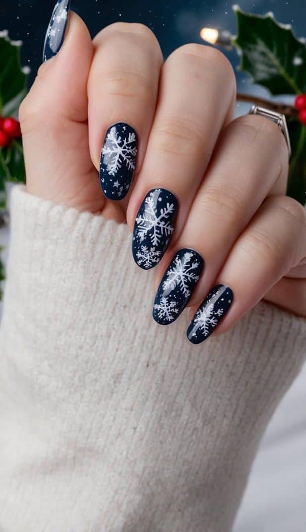 Transform your nails into a wintry night sky with this dreamy design. Paint deep blue polish as the base, then add white stars and snowflakes.