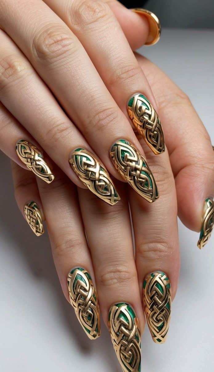 A luxurious display of intricate golden Celtic knot designs on acrylic nails