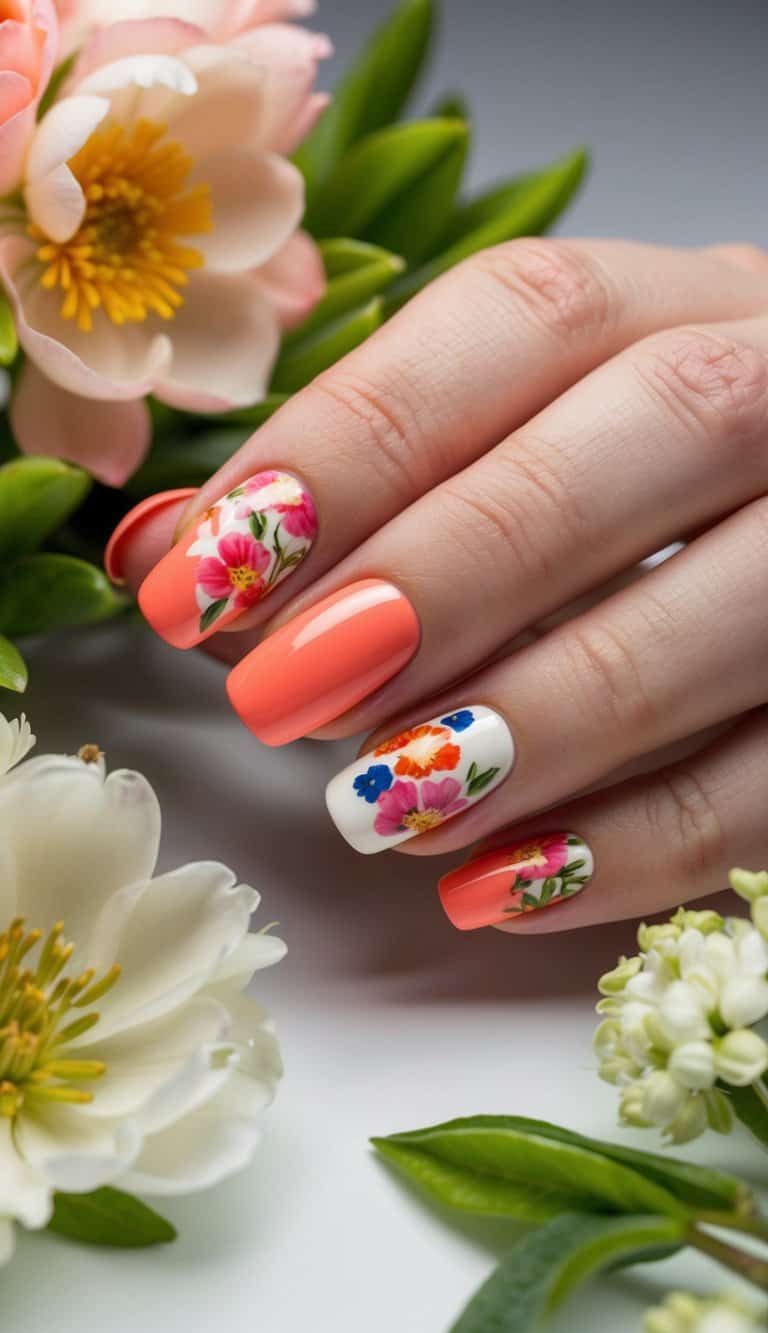 Vibrant coral and floral motifs on short nails, surrounded by springtime elements like blooming flowers and fresh greenery