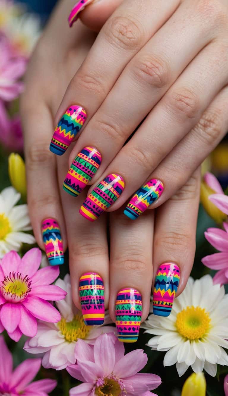 Vibrant Aztec patterns on short nails, surrounded by spring flowers and bright colors